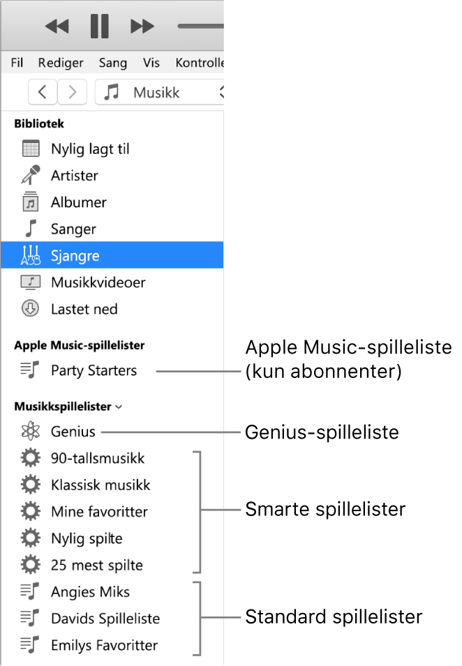 iTunes-sidepanelet som viser de forskjellige typene spillelister: Apple Music (kun abonnenter), Genius-spillelister, Smarte spillelister og standardspillelister.