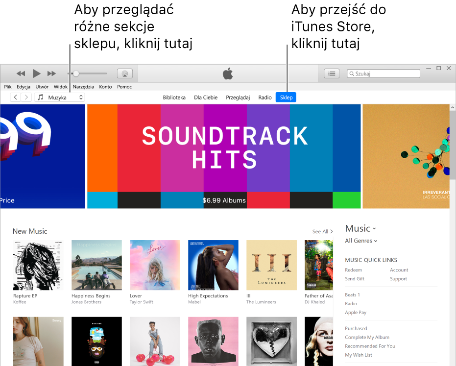 Okno główne iTunes Store. Na pasku nawigacji wyróżniony jest Sklep. W lewym górnym rogu wybierz inne treści, które chcesz zobaczyć w Sklepie (na przykład, Muzyka lub Programy TV).