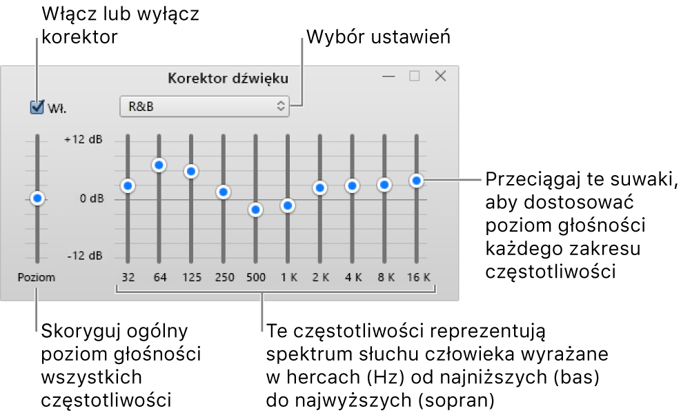Okno korektora dźwięku: Pole wyboru pozwalające włączyć korektor dźwięku w iTunes znajduje się w lewym górnym rogu okna. Obok niego znajduje się menu podręczne ze zdefiniowanymi ustawieniami. Po lewej stronie okna można korygować całkowitą głośność zakresów częstotliwości za pomocą przedwzmacniacza. Pod ustawieniami korektora dźwięku można korygować poziom dźwięku różnych zakresów częstotliwości reprezentujących spektrum ludzkiego słuchu od najniższego do najwyższego.