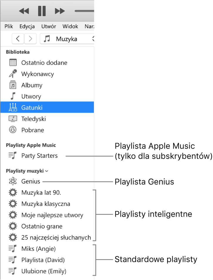 Pasek boczny iTunes z playlistami różnego typu: Apple Music (tylko dla subskrybentów) i Genius, playlistami inteligentnymi oraz playlistami standardowymi.
