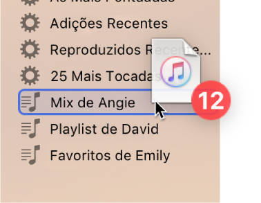 Um álbum sendo arrastado para uma playlist. A playlist está destacada por um retângulo azul.