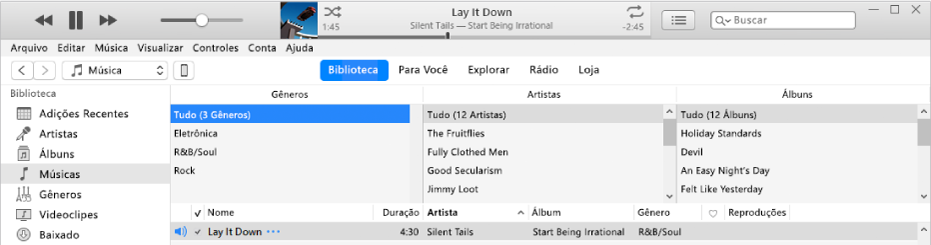 A janela principal do iTunes: O navegador por colunas aparece à direita da barra lateral e acima da lista de músicas.