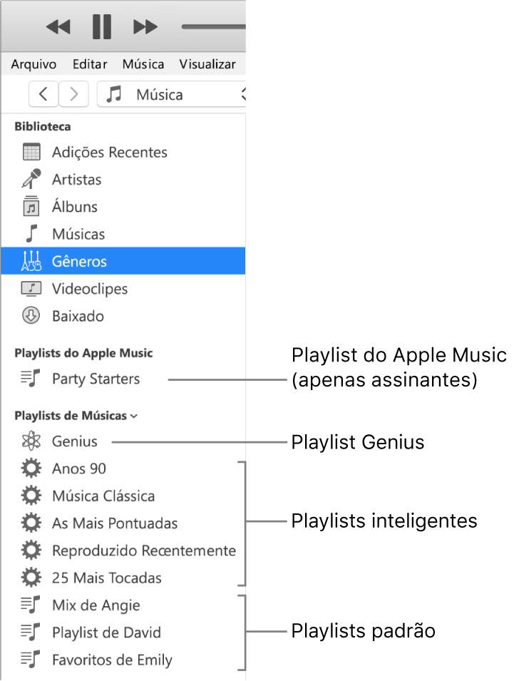 A barra lateral do iTunes mostrando os vários tipos de playlists: playlists Apple Music (somente assinantes), Genius, Inteligentes e padrão.