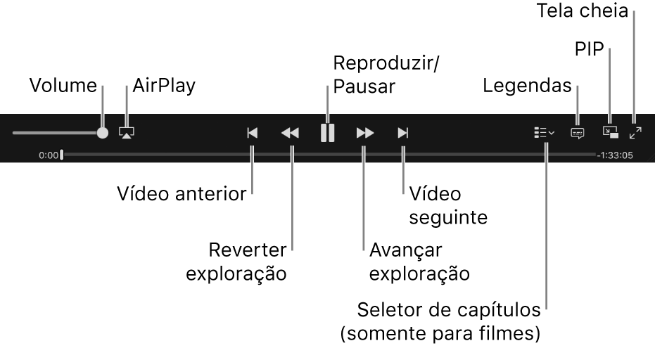 Controles de vídeo: Volume, AirPlay, Vídeo anterior, Reverter exploração, Reproduzir/Pausar, Avançar exploração, Vídeo seguinte, Seletor de capítulos (somente para filmes), Legendas, PIP e Tela cheia.