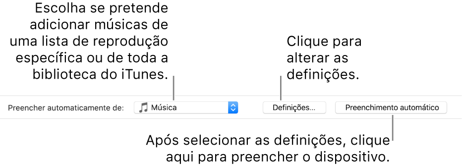 As opções de preenchimento automático na parte inferior do painel Música. Na extrema esquerda encontra-se o menu pop-up “Preencher automaticamente de”, onde pode escolher se pretende adicionar músicas de uma lista de reprodução ou da biblioteca inteira. Na extrema direita encontram-se dois botões: Definições, para alterar as várias opções de preenchimento automático, e Preenchimento automático. Quando clica neste botão, o dispositivo é preenchido com as músicas que satisfazem os critérios.