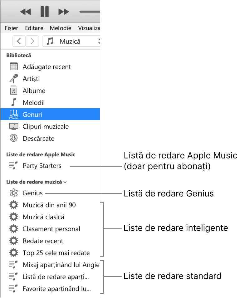 Bara laterală iTunes afișând diversele tipuri de liste de redare: Apple Music (doar abonații), liste de redare Genius, inteligente și standard.