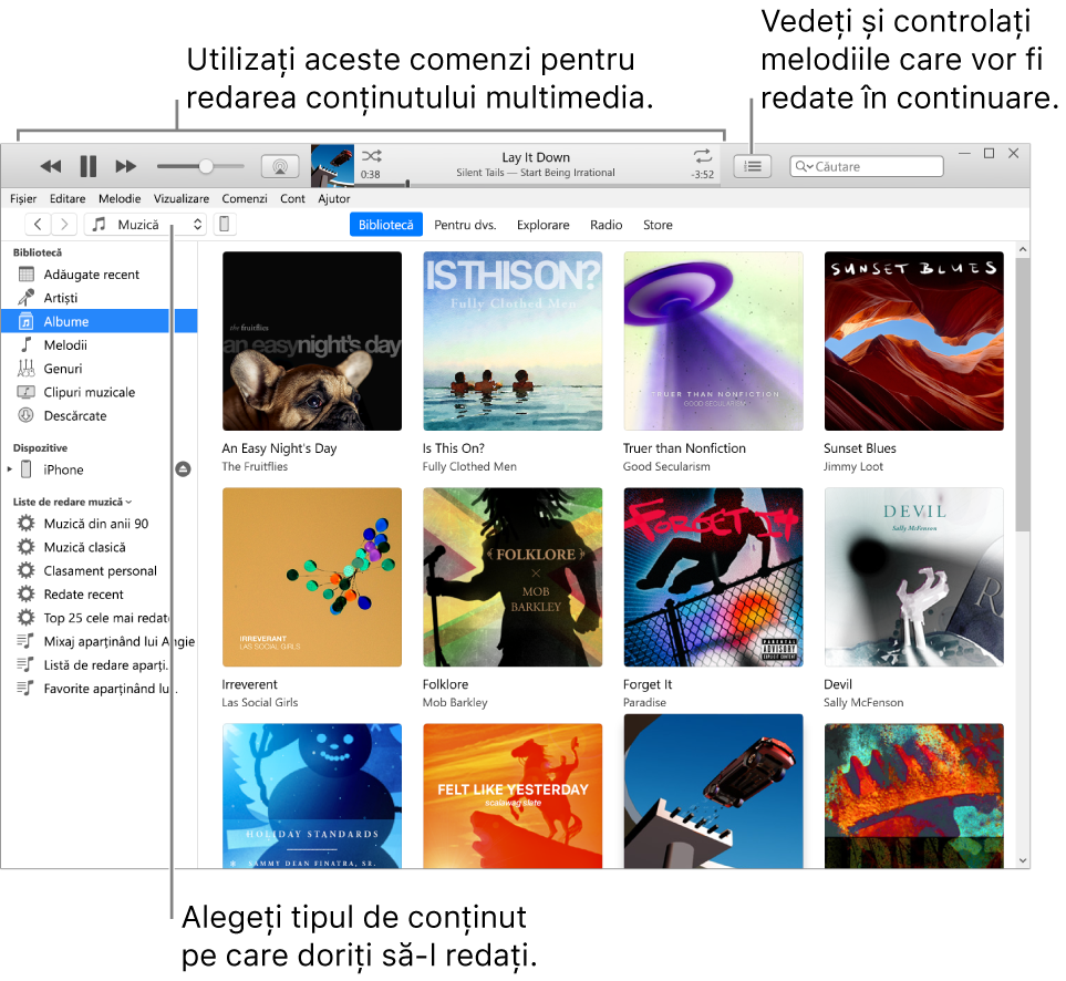 Fereastra principală bibliotecă iTunes: În navigator, selectați tipul de conținut multimedia care să fie redat (cum ar fi Muzică). Utilizați comenzile din bannerul de sus pentru a reda conținutul multimedia și utilizați meniul pop-up Urmează din dreapta pentru a vizualiza biblioteca în diferite moduri.