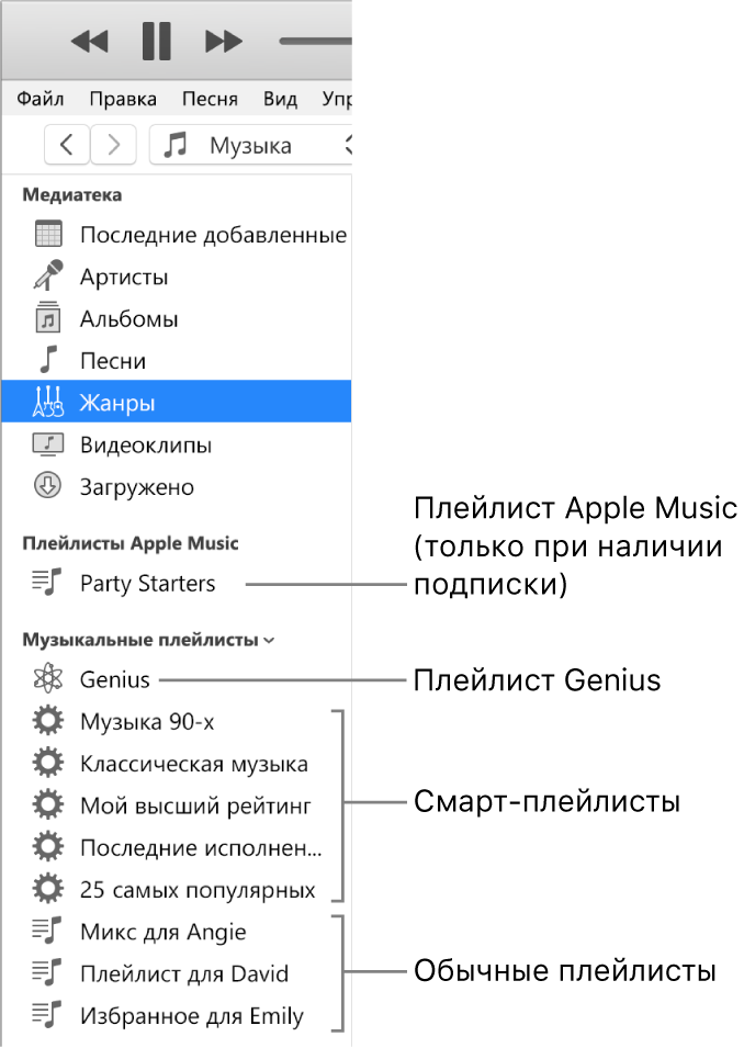 Боковое меню iTunes с различными типами плейлистов: Apple Music (только для подписчиков), Genius, смарт-плейлисты и стандартные плейлисты.