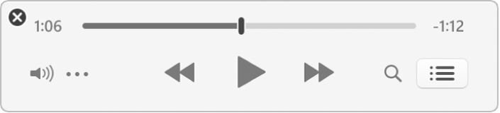 Menší Miniprehrávač iTunes zobrazujúci iba ovládacie prvky (bez obalu albumu).