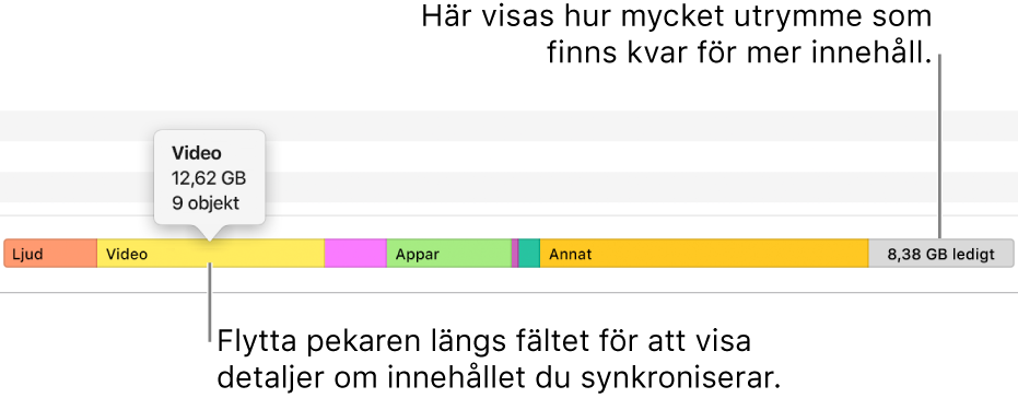 Håll pekaren över fältet längst ned i fönstret så visas information om innehållet du synkroniserar och hur mycket utrymme som finns kvar för mer innehåll.