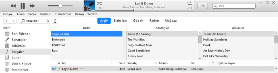 iTunes ana penceresi: Kenar çubuğunun sağında ve parça listesinin üstünde sütun tarayıcı vardır.