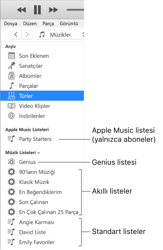 Listelerin çeşitli türlerini gösteren iTunes kenar çubuğu: Apple Music (yalnızca aboneler), Genius, Smart listeleri ve standart listeler.