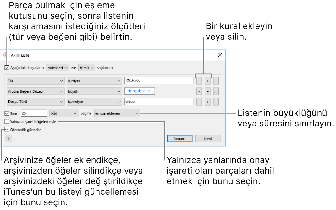 Akıllı Liste penceresi: Sol üst köşede Match’i seçin ve ardından liste kriterlerini (tür veya beğeni düzeyi gibi) belirleyin. Sağ üst köşedeki Ekle veya Sil düğmelerini tıklayarak kural eklemeye veya silmeye devam edin. Pencerenin alt kısmında listenin büyüklüğünü ve süresini sınırlama, yalnızca işaretli parçaları dâhil etme veya arşivinizdeki öğeler değiştikçe iTunes’un listeyi güncellemesini sağlama gibi birçok seçenek arasından seçim yapın.