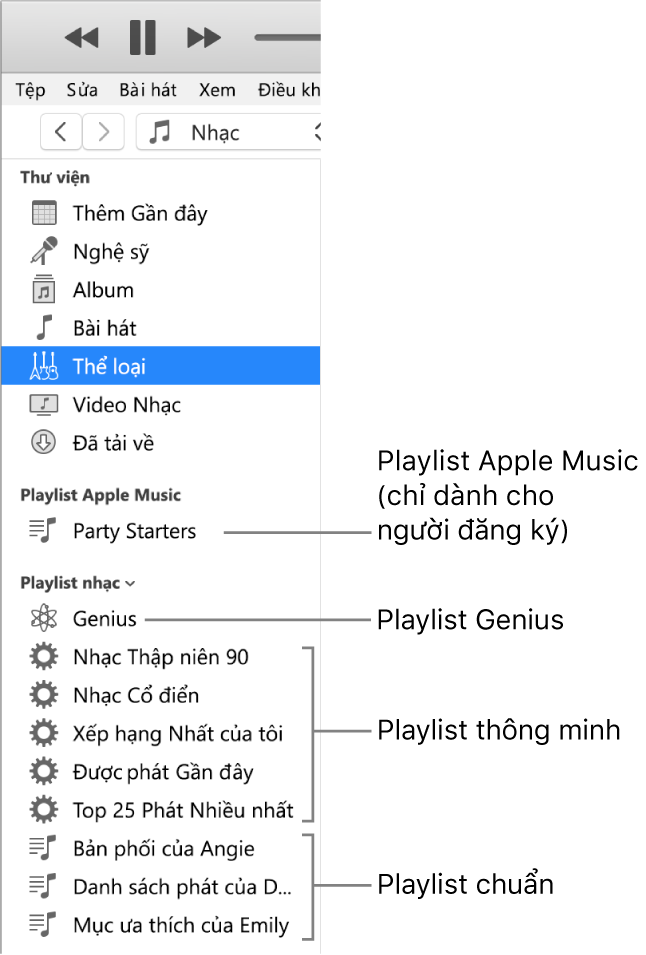 Thanh bên iTunes đang hiển thị các loại playlist khác nhau: Playlist Apple Music (dành riêng cho người đăng ký), Genius, thông minh và thông thường.