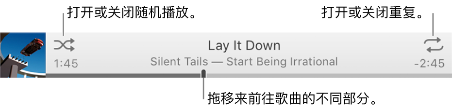 横幅中一首歌曲正在播放。“随机播放”按钮位于左上角；“重复”按钮位于右上角。拖移滑动条以前往歌曲的其他部分。