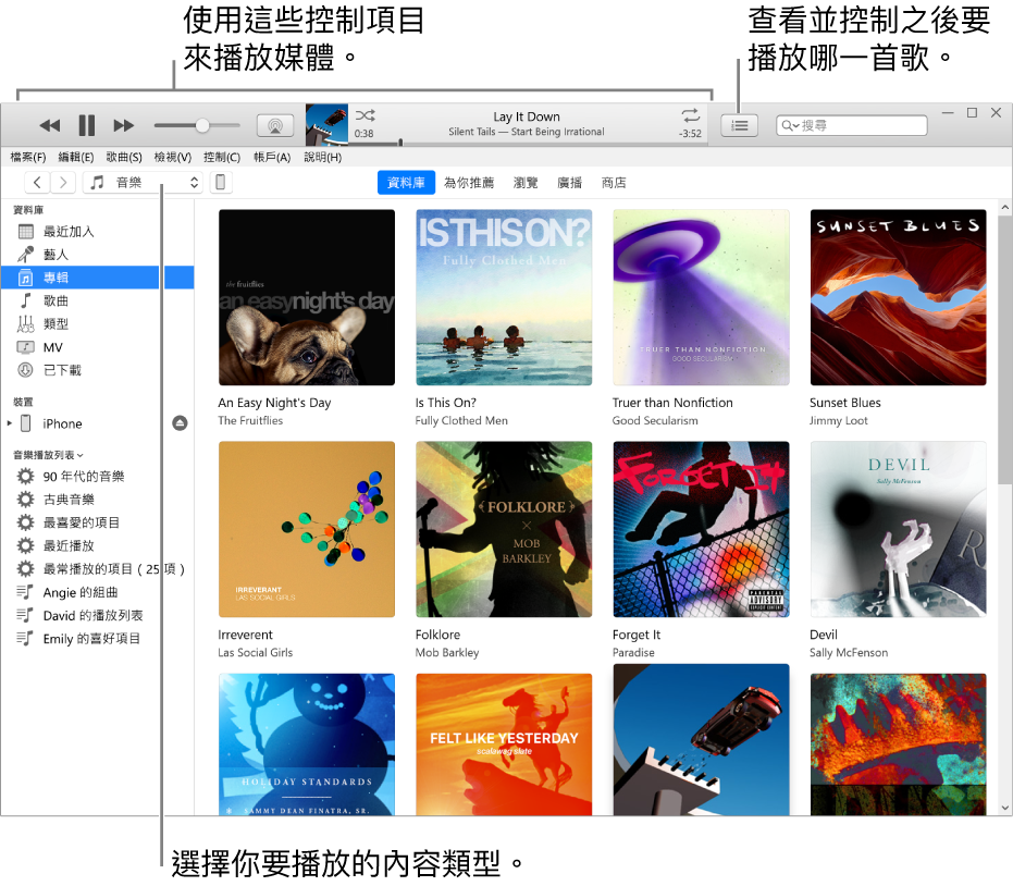 iTunes 資料庫主視窗：在導覽器中，選擇要播放的媒體類型（例如「音樂」）。使用最上方橫幅中的控制項目來播放媒體，以及使用右側的「待播清單」彈出式選單來以不同方式檢視你的資料庫。