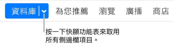 導覽列中的「資料庫」按鈕顯示快顯功能表，隱藏側邊欄時按一下即可存取所有側邊欄項目。