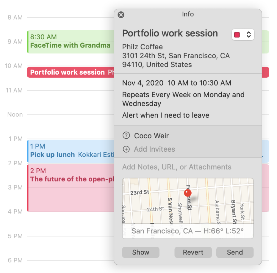 The info window for an event, showing the invitees and the location on a small map.