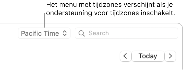 Het menu met tijdzones verschijnt links van het zoekveld als je ondersteuning voor tijdzones inschakelt