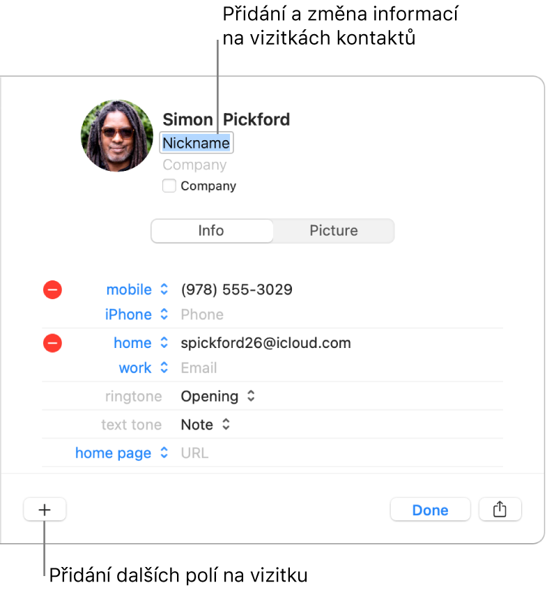 Vizitka kontaktu na níž je pod jménem kontaktu zobrazeno pole s přezdívkou a na dolním okraji okna tlačítko pro přidání dalších polí do vizitky