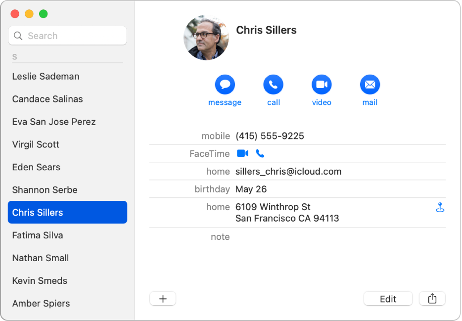 The Contacts window with the Map button next to the street address.