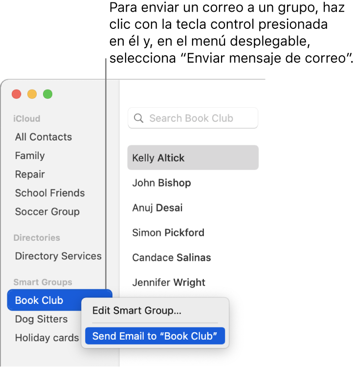 La barra lateral de Contactos mostrando el menú desplegable con el comando para enviar un correo al grupo seleccionado.