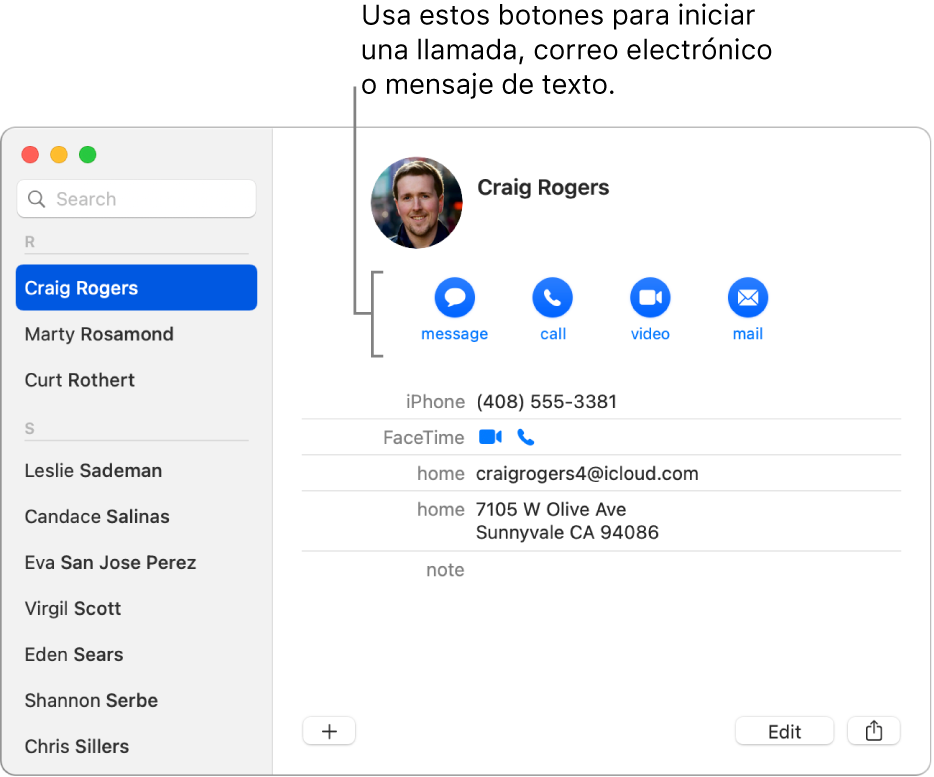 Una tarjeta de contacto mostrando los botones ubicados debajo del nombre del contacto. Puedes usar estos botones para enviar un mensaje de texto o un correo, o iniciar una llamada de video, audio o teléfono.