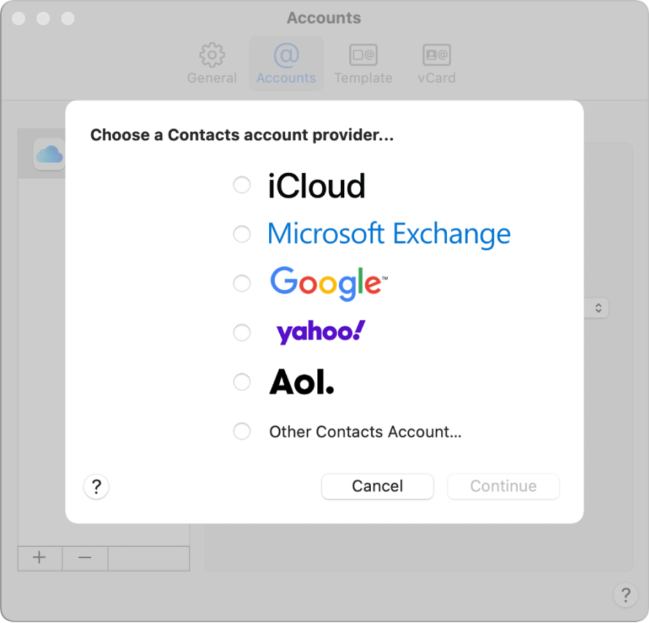 La ventana para agregar cuentas de Internet a la app Contactos.