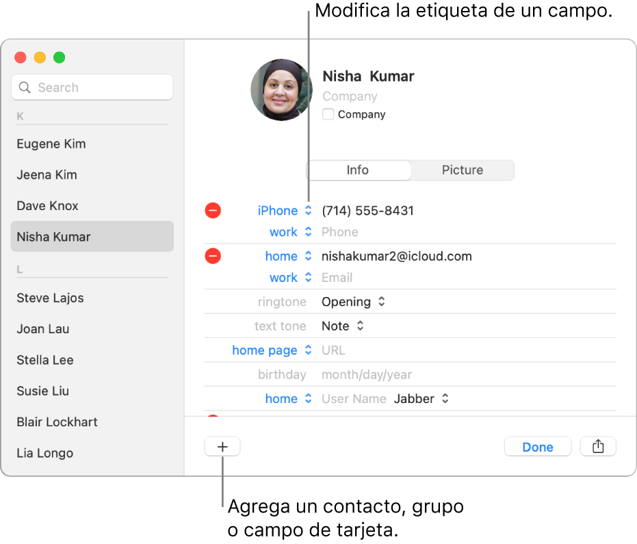 Una tarjeta de contacto mostrando una etiqueta de campo que se puede modificar y, en la parte inferior de la tarjeta, el botón para agregar un contacto, grupo o campo de tarjeta.