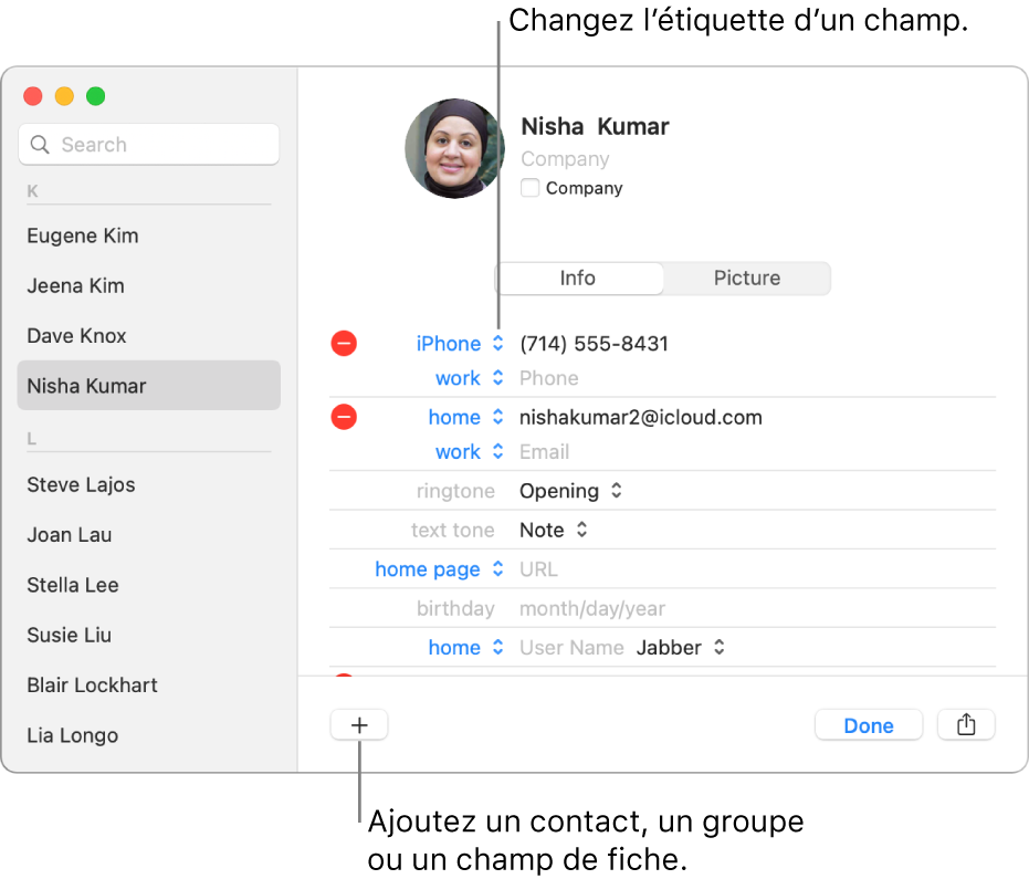 La fiche d’un contact affichant une étiquette de champ qui peut être modifiée et le bouton en bas de la fiche pour ajouter un champ contact, groupe ou fiche.