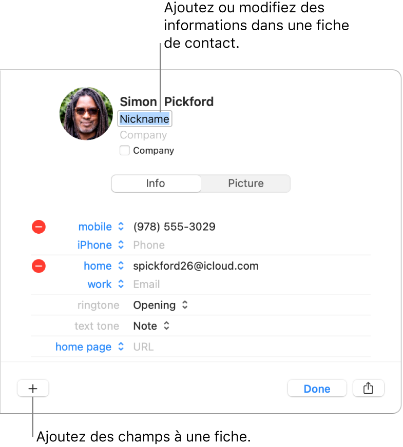 La fiche d’un contact présentant le champ de surnom sous le nom du contact et un bouton en bas de la fenêtre pour ajouter d’autres champs à la fiche.