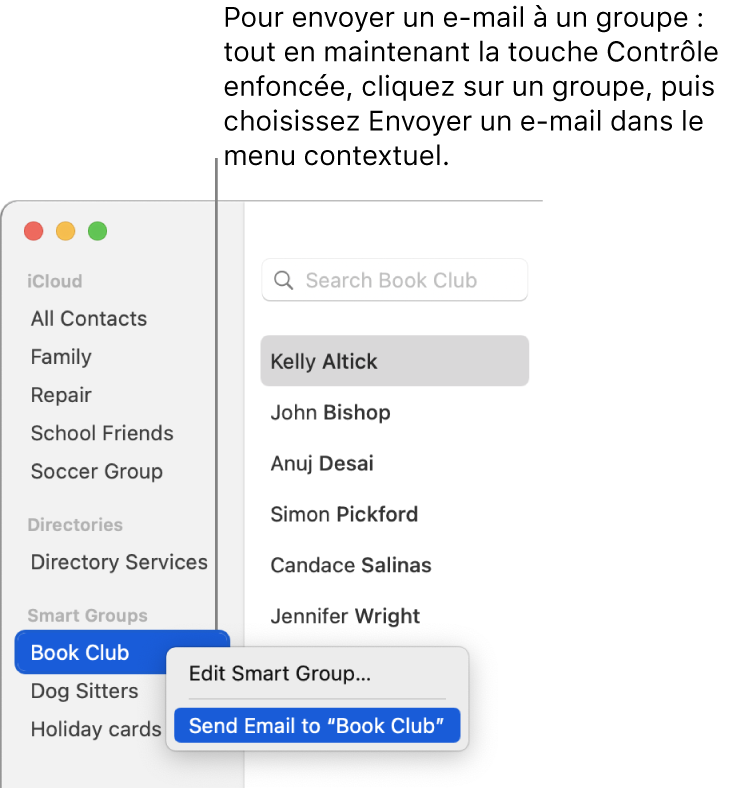 La barre latérale de Contacts affichant le menu local avec la commande permettant d’envoyer un e-mail au groupe sélectionné.
