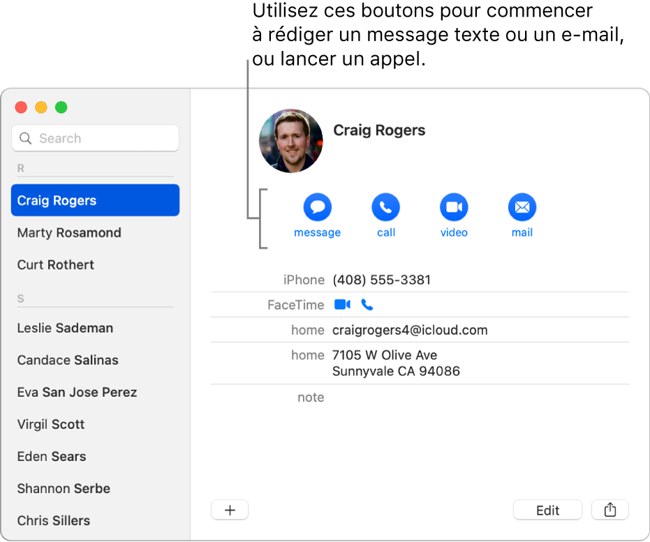 Une fiche de contact affichant les boutons situés sous le nom du contact. Vous pouvez utiliser ces boutons pour commencer un SMS, un appel téléphonique, audio ou vidéo, ou un e-mail.