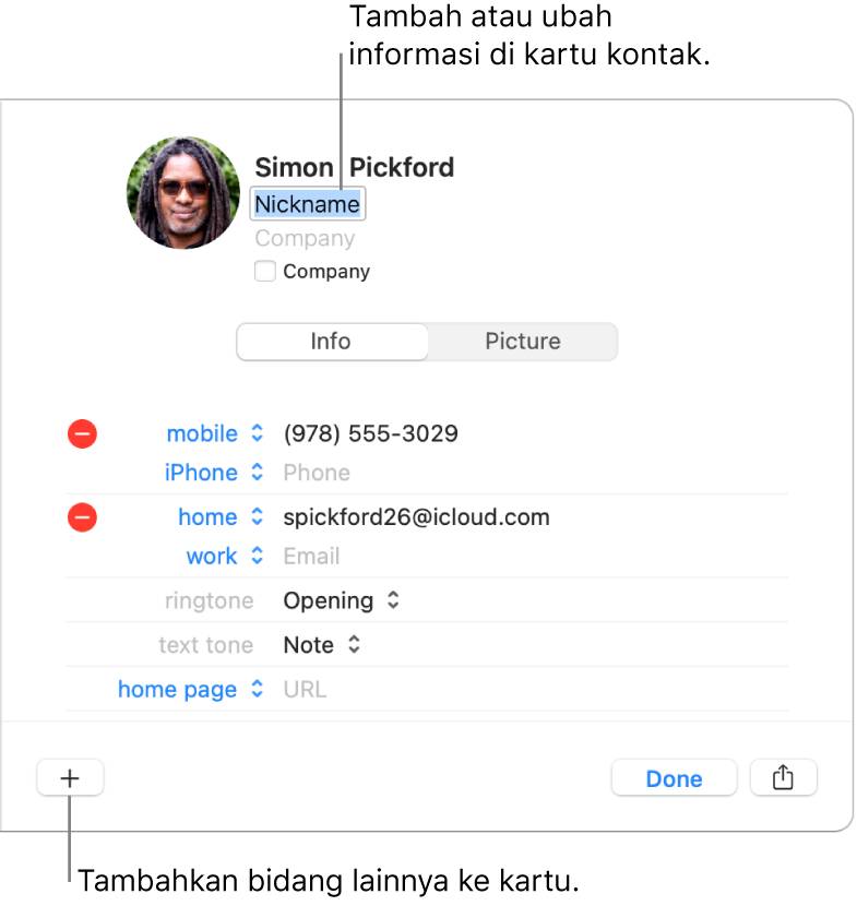Kartu kontak menampilkan bidang nama panggilan di bawah nama kontak dan tombol di bagian bawah jendela untuk menambahkan bidang lainnya ke kartu.