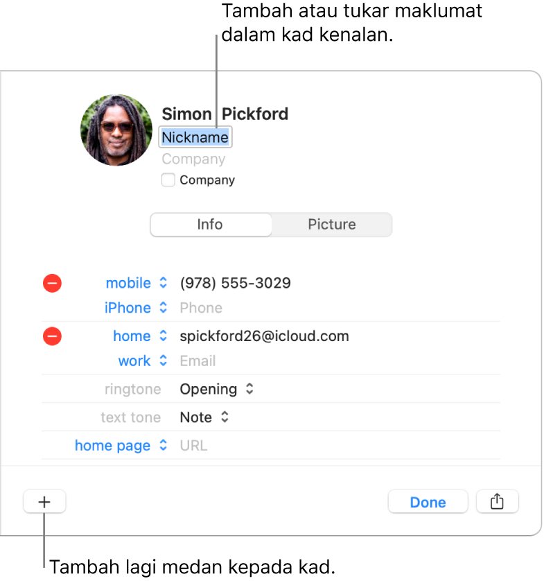Kad kenalan menunjukkan medan nama panggilan di bawah nama kenalan dan butang di bahagian bawah tetingkap untuk menambah lebih medan ke kad.