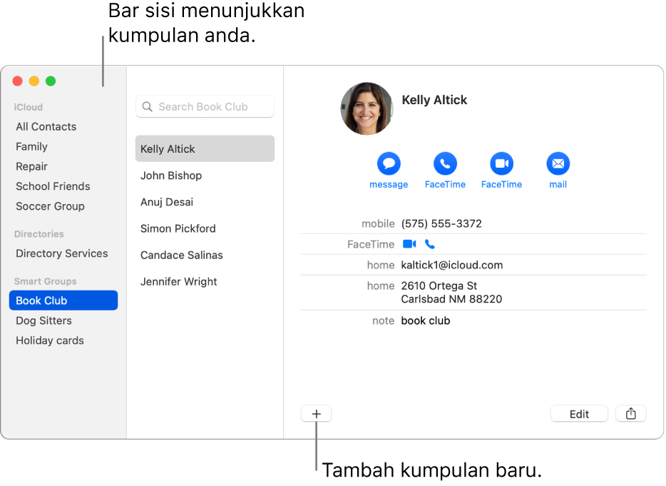 Tetingkap Kenalan menunjukkan bar sisi dengan kumpulan seperti Kelab Berbasikal dan butang di bahagian bawah kad kenalan untuk menambah ke kumpulan baru.