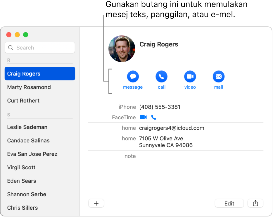 Kad kenalan menunjukkan butang terletak di bawah nama kenalan. Anda boleh gunakan butang ini untuk memulakan mesej teks, panggilan telefon, audio atau video, atau e-mel.