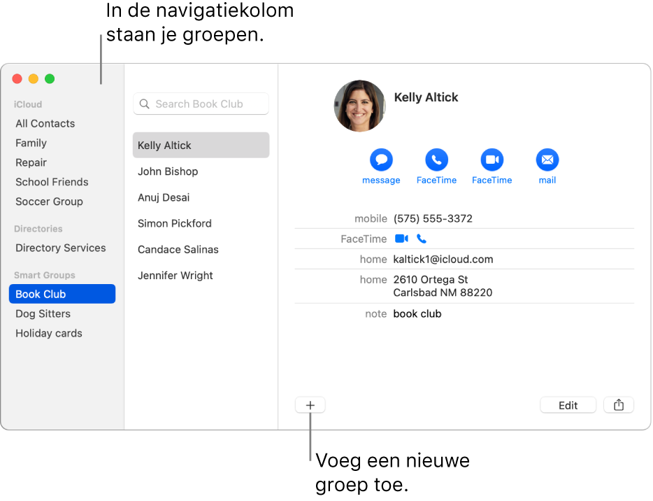 Het Contacten-venster met de navigatiekolom, met daarin groepen zoals 'Cycling Group', en de knop onder in een contactpersoonkaart voor het toevoegen van een nieuwe groep.