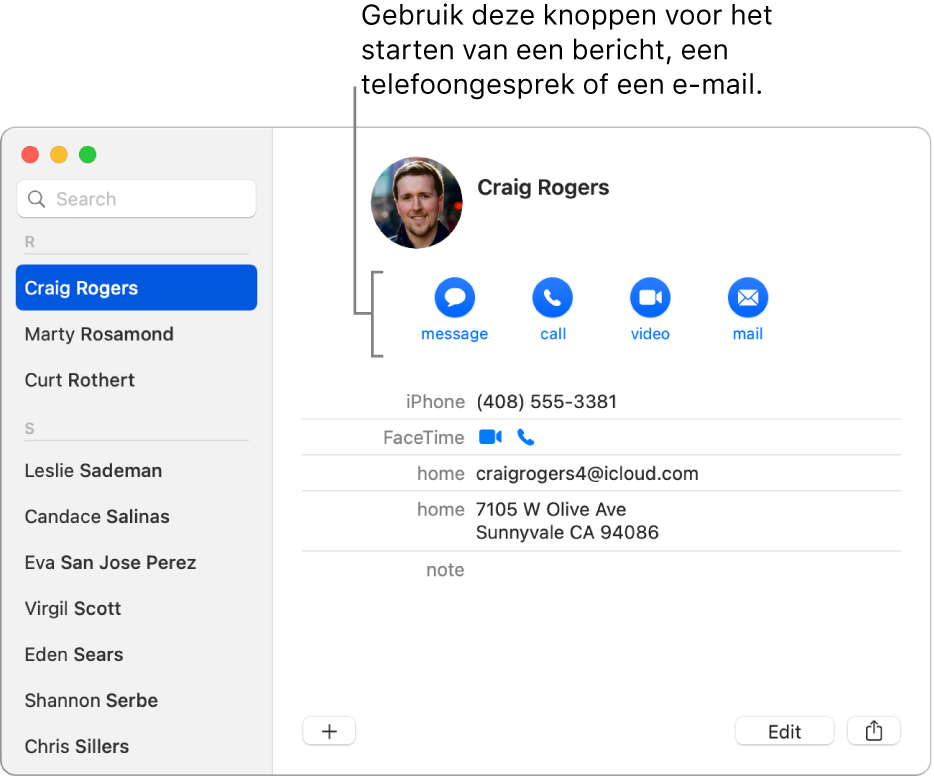 Een contactpersoonkaart met de knoppen onder de naam van de contactpersoon. Met deze knoppen kun je een tekstbericht, telefoon-, audio- of videogesprek of e-mail starten.
