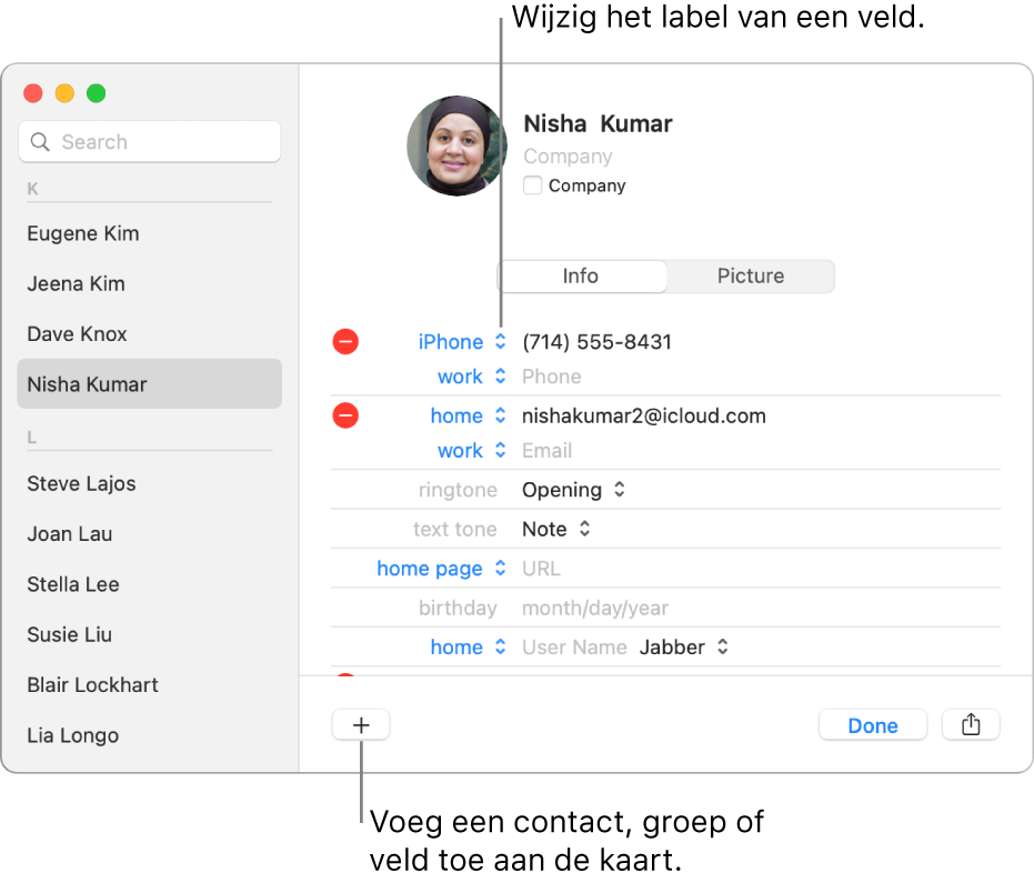Een contactpersoonkaart met een veldlabel dat kan worden gewijzigd en de knop onder in de kaart voor het toevoegen van velden voor contactgegevens, groepen of kaarten.