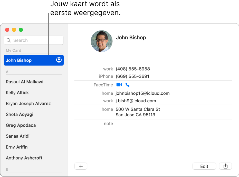 De navigatiekolom van Contacten met bovenin 'mijn kaart'.