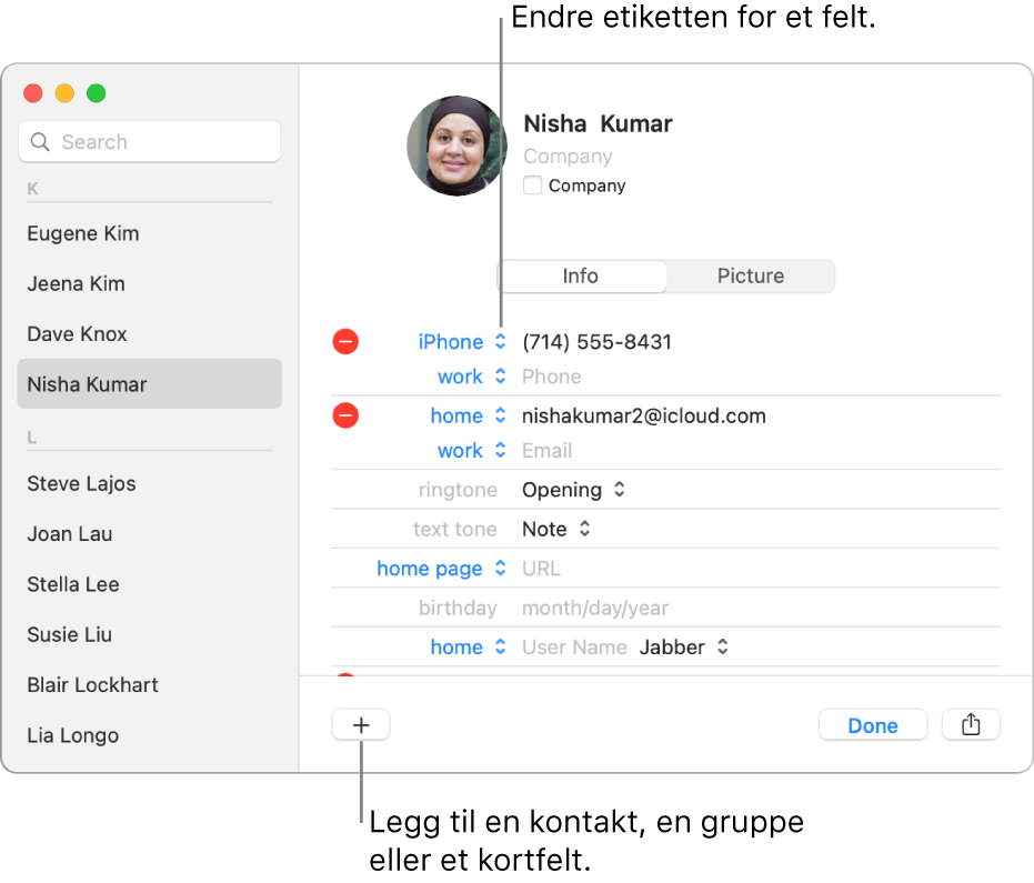 Kontaktkort som viser en feltetikett som kan endres, og knappen nederst på kortet for å legge til et felt for kontakt, gruppe eller kort.