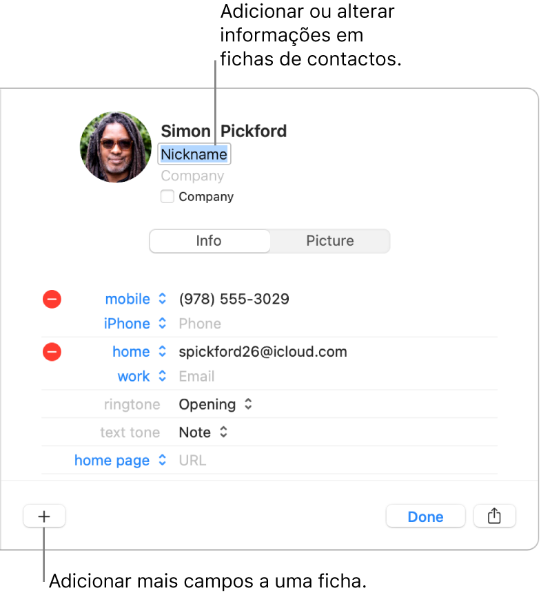 Uma ficha de contacto a mostrar o campo da alcunha por baixo do nome do contacto e um botão no fundo da janela para adicionar mais campos à ficha.
