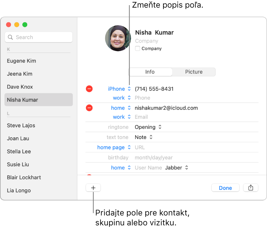 Vizitka zobrazujúca popis poľa s možnosťou zmeny a tlačidlo na spodnej strane vizitky na pridanie poľa kontaktu, skupiny alebo vizitky.