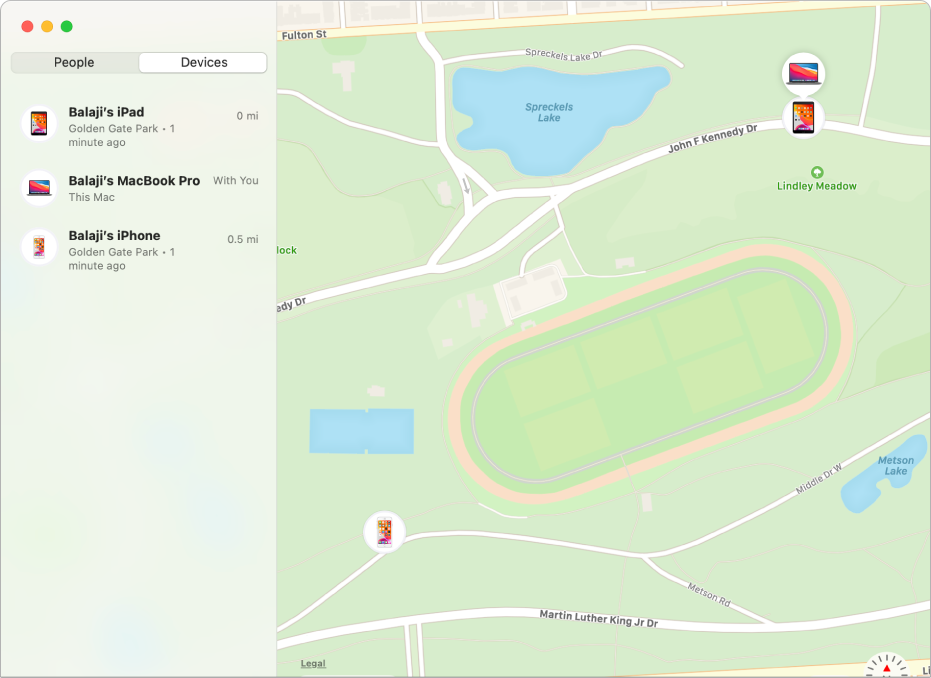 The Find My app showing a list of devices in the sidebar and their locations on a map on the right.