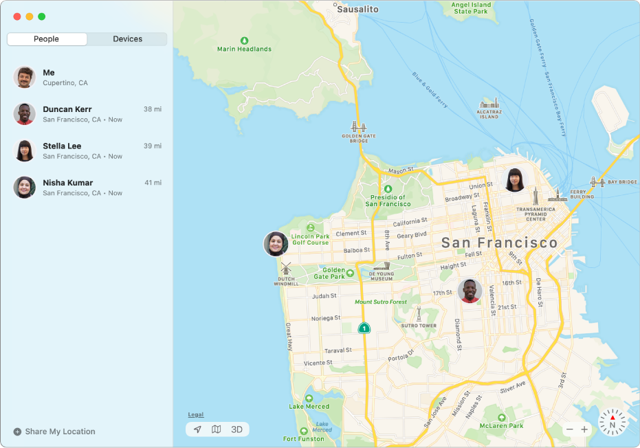 The Find My app showing a list of friends in the sidebar and their locations on a map on the right.