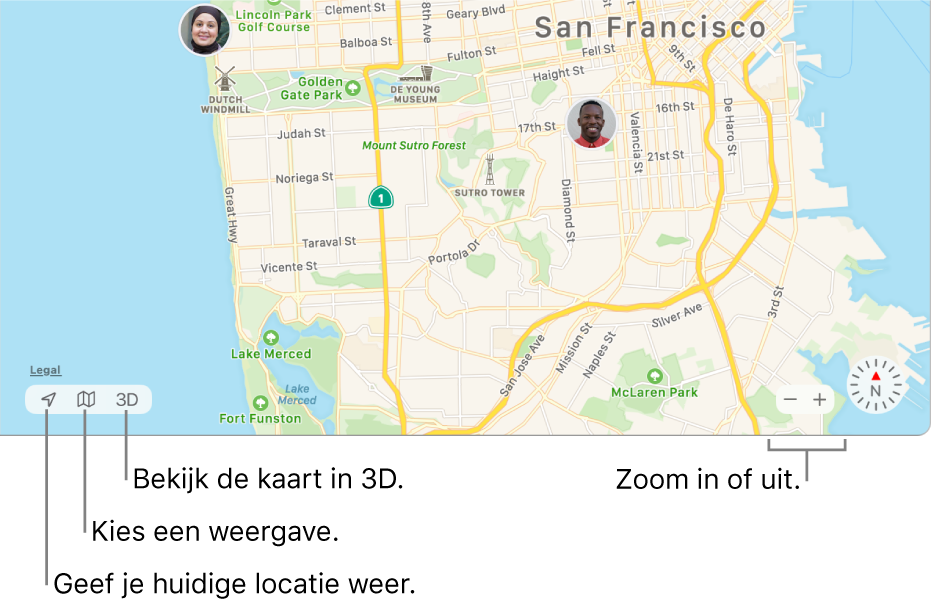 Het venster van Zoek mijn met de locaties van personen op een kaart. In de linkerbenedenhoek kun je met behulp van de knoppen je huidige locatie zien, een weergave kiezen en de kaart in 3D bekijken. In de rechterbenedenhoek kun je met de zoomknoppen in- en uitzoomen op de kaart.