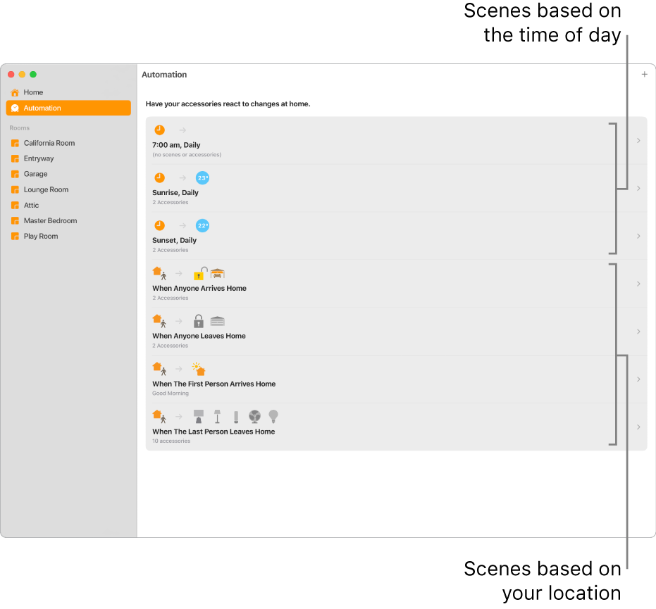 The Automation screen displaying scenes based on the time of day and scenes based on location, such as when someone arrives or leaves home.