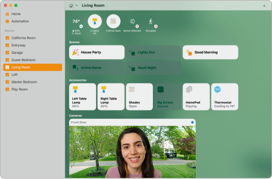 A room screen displaying status icons along the top, followed by favourite scenes highlighting House Party and Good Morning, followed by accessories, followed by a camera showing someone at the front doorbell camera.