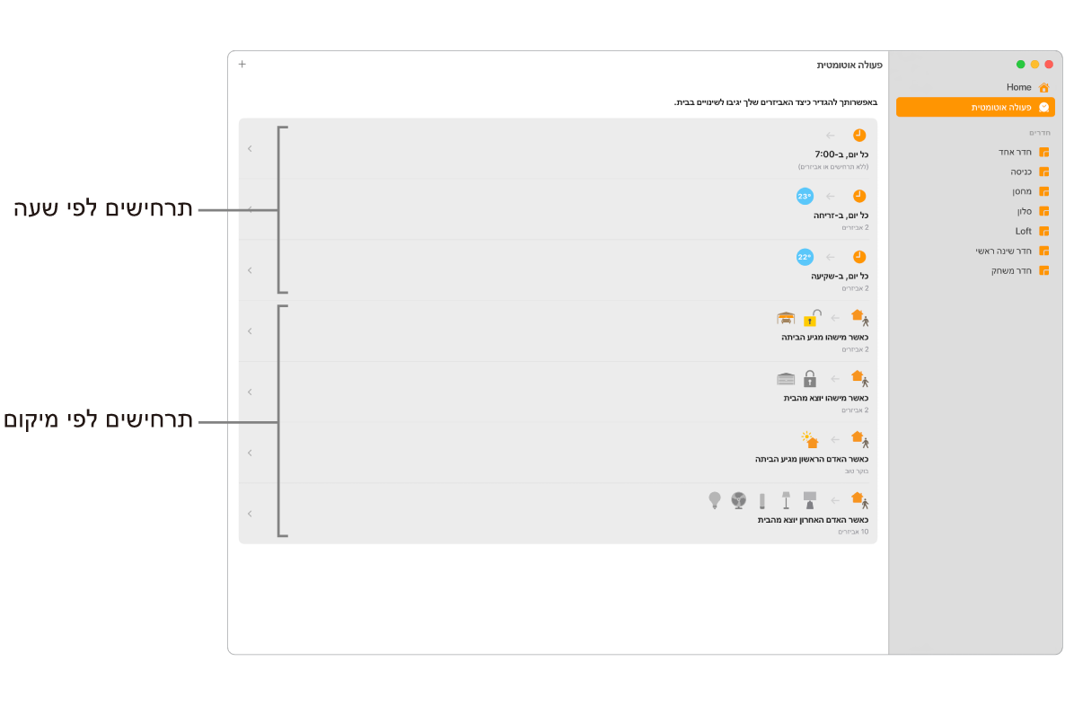 המסך ״פעולה אוטומטית״ מציג תרחישים המבוססים על השעה ביום ותרחישים המבוססים על מיקום, למשל, כשמגיעים הביתה או יוצאים מהבית.
